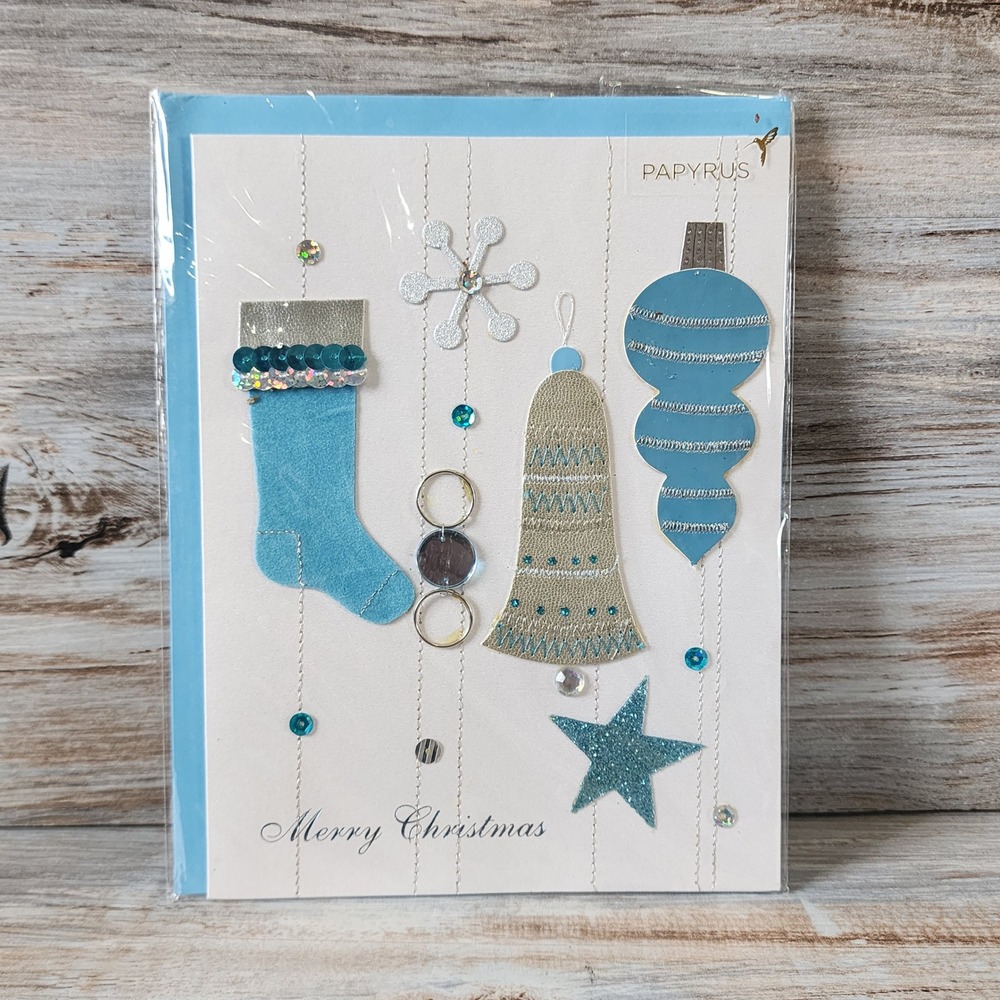 Papyrus Merry Christmas Card Blue Silver Ornaments Rhinestones 07086610